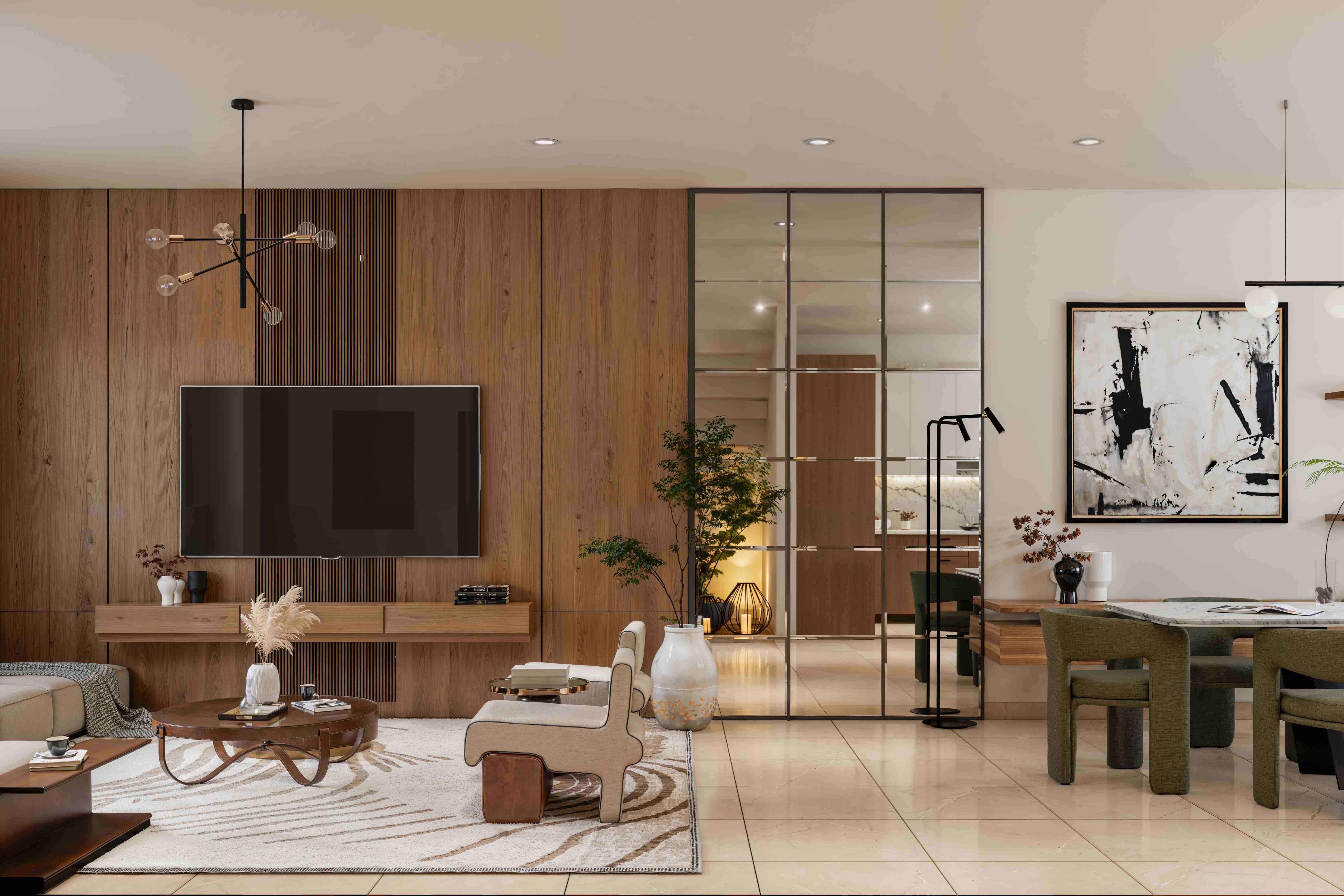 Sala y comedor de concepto abierto en casa ENTHEOS